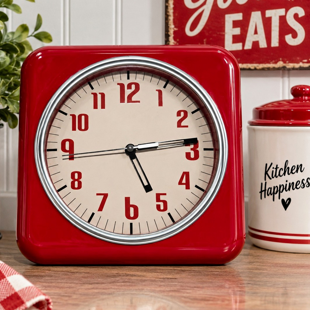 Retro Red Square Wall Clock 9” Quartz Diner Kitchen Vintage Style Tested Works